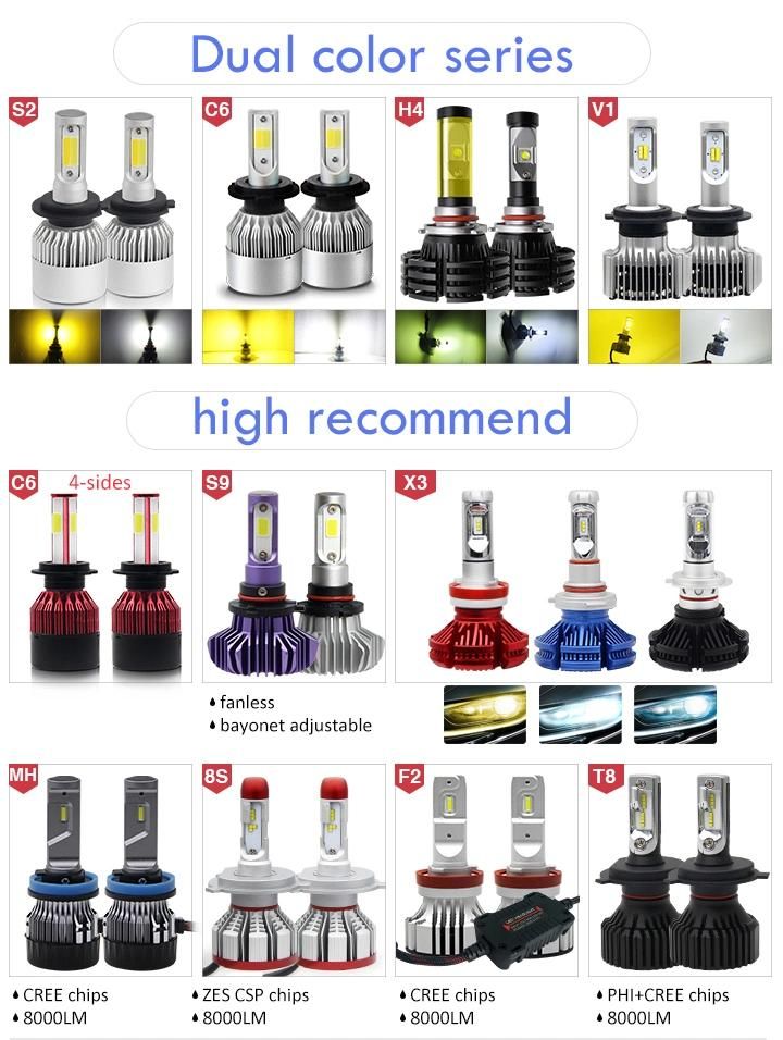 Dual Color H7 C6 LED Headlight Bulb, H4 9004 9005 9006 H11 360 Light Car LED Headlight Kit