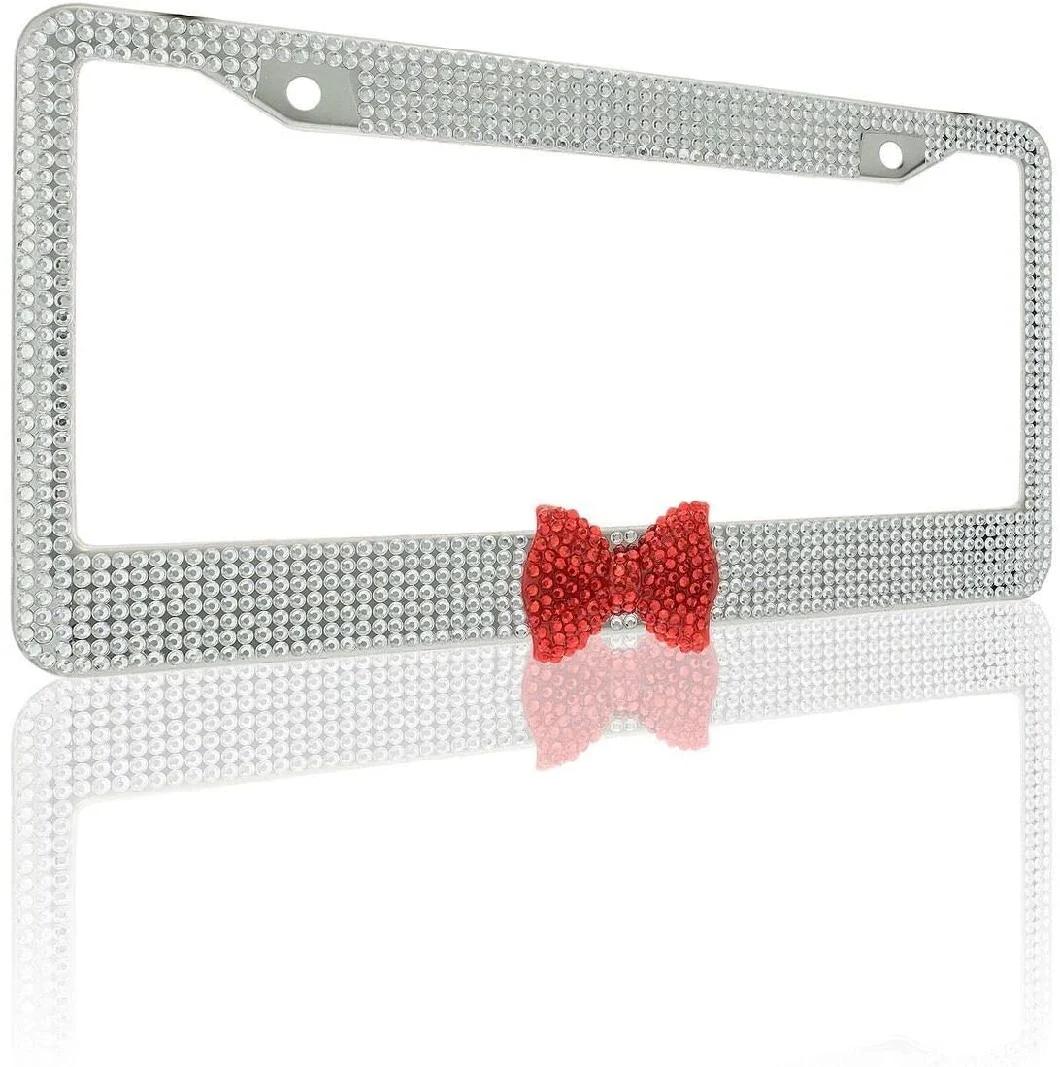 2 Pack Bling Car License Plate Frames with Red Bow for Women