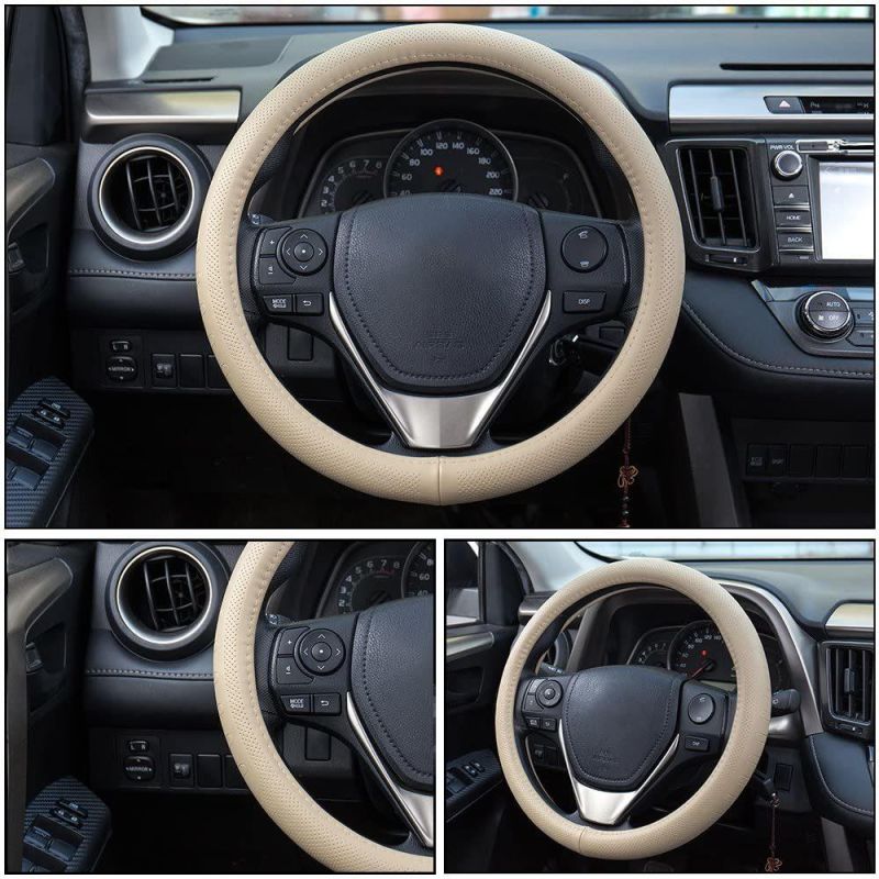 Leather Car Steering Wheel Cover GM Car Interior, Durable, Breathable, Non-Slip, Tasteless, Beige