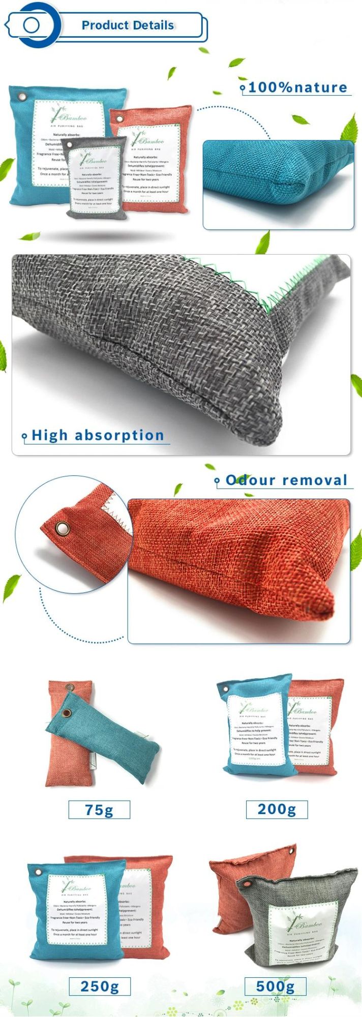 Jm Premium Eco Friendly Air Purifying Bag Reusable Bamboo Charcoal Bag Air Freshener