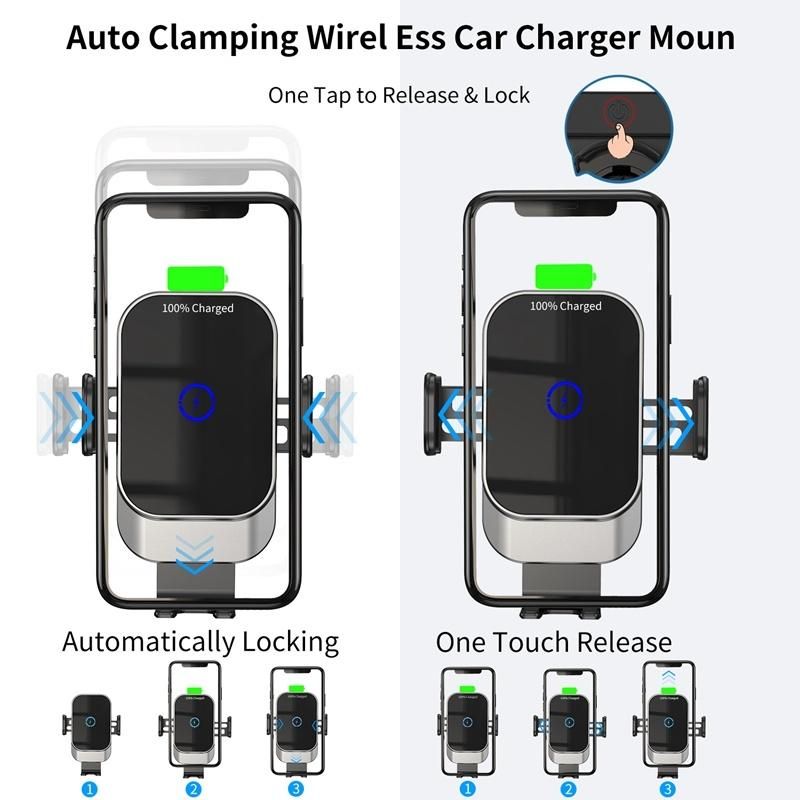 New Style Multifunction 360degree Rotating Convenient One Hand Operation Stalinite Surface 15W Fast Charging Car Phone Holder for Multiple Wireless Mobile