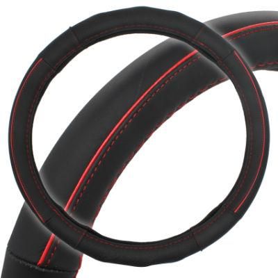 Black Genuine Leather Red Stitch Steering Wheel Cover