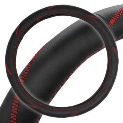 38cm Black Genuine Leather +Red Stitch Steering Wheel Cover