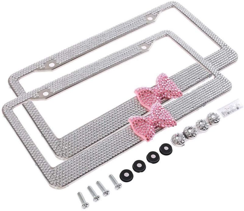 Car Accessory Bling White License Plate Frame with Red Bow