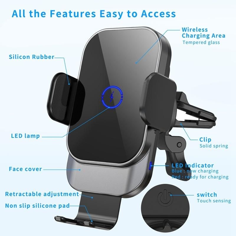 New Style Multifunction 360degree Rotating Convenient One Hand Operation Stalinite Surface 15W Fast Charging Car Phone Holder for Multiple Wireless Mobile