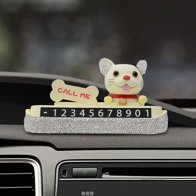 Diamond-Encrusted French Pitbull Car Temporary Parking Sign Car License Plate Creative Hidden Cute Bulldog Parking Number Plate