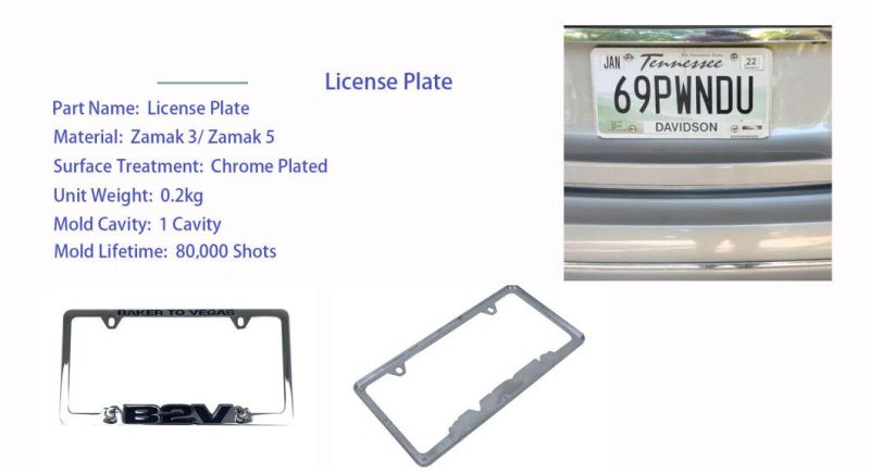 Custom Surface Plating Zinc Alloy Die Casting License Plate Frame