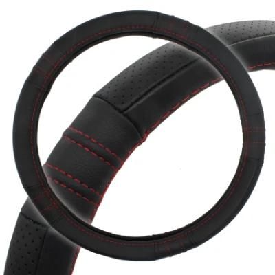 38cm Black Genuine Leather + Red Stitch Steering Wheel Cover