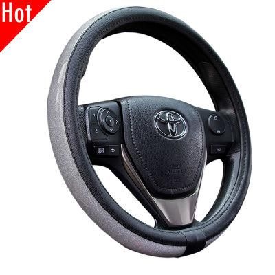 Glitter 38cm Genuine Real Leather Black Steering Wheel Cover