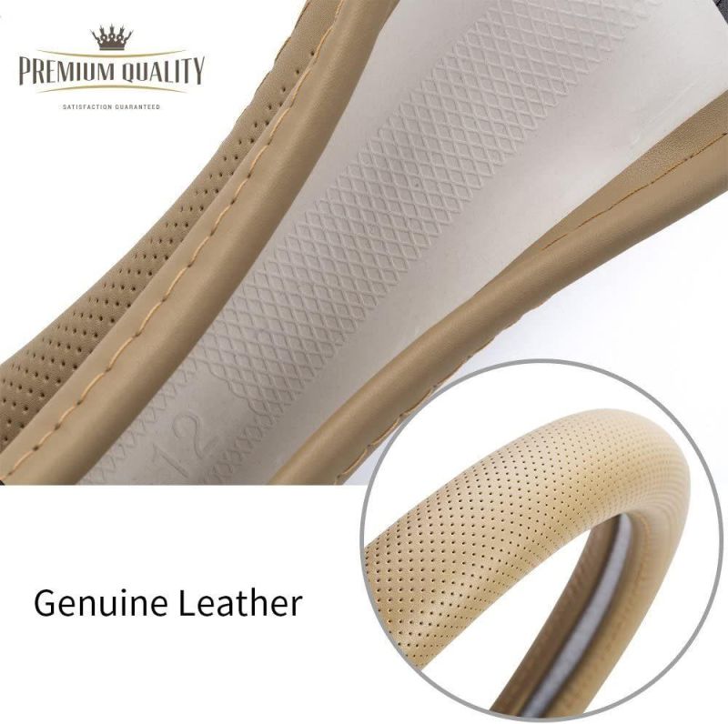 Leather Car Steering Wheel Cover GM Car Interior, Durable, Breathable, Non-Slip, Tasteless, Beige