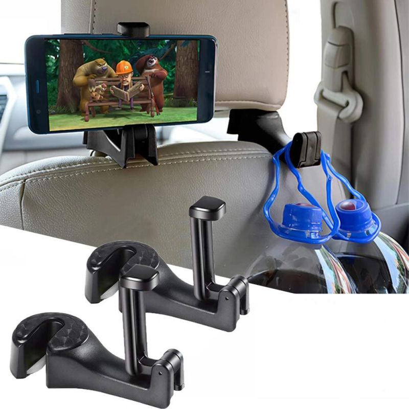 Car Headrest Hooks with Phone Holder Universal Auto Seat Back Headrest Hanger Bracket with Lock for Shopping/Grocery Bag, Handbag, Cloth Hanger Wbb13047