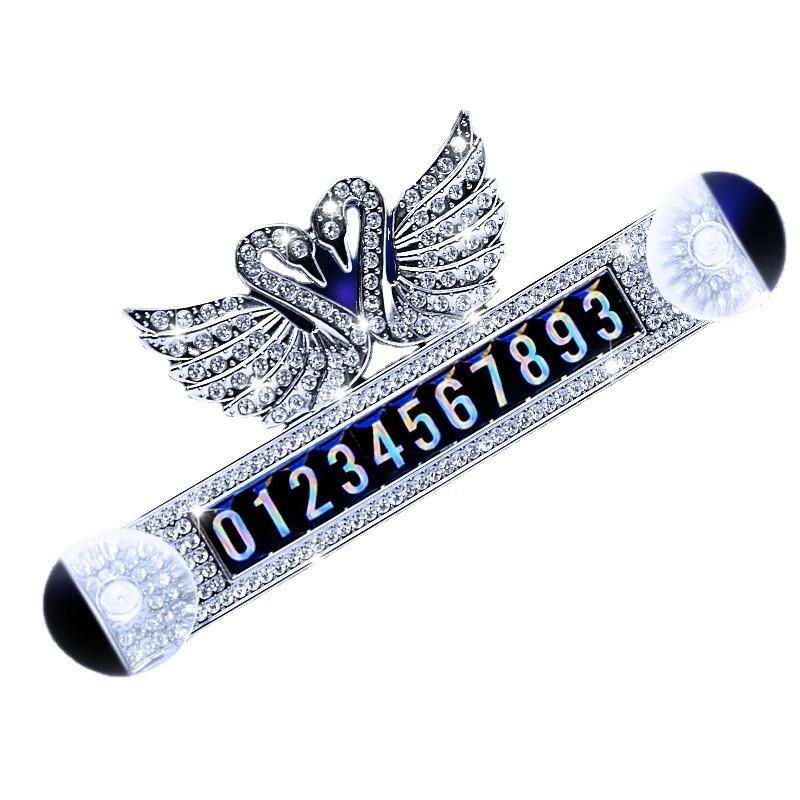 Diamond-Studded Car Temporary Parking Card Creative Cute Double Swans Moving Car Contact Phone Number Plate Personality Female