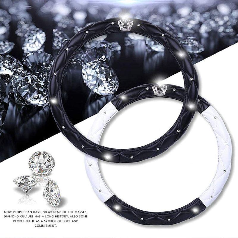 Automatic Steering Wheel Cover with Noble Crown + Shiny Diamond + Delicate Lattice Design + Soft Leather Fashion + Elegant Car Series GM 15 Inches /38 Cm