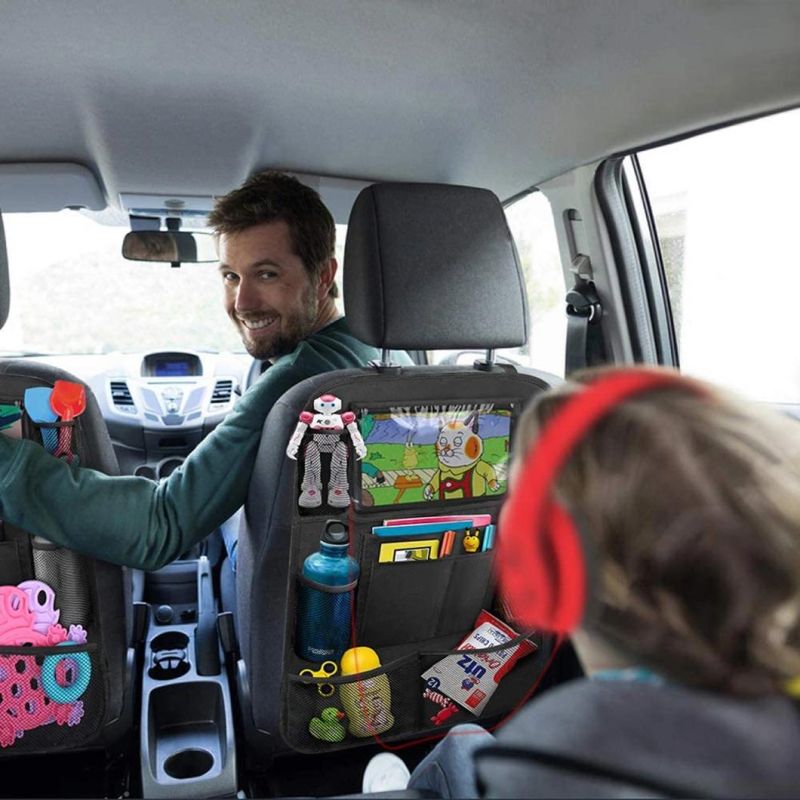 Car Backseat Organizer with 10" Table Holder, 9 Storage Pockets Seat Back Protectors Kick Mats for Kids Toddlers, Travel Accessories