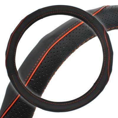 15 Inch Black Genuine Leather Orange Stitch Steering Wheel Cover