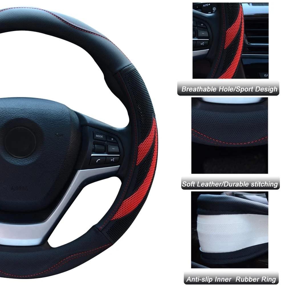 Microfiber Leather Steering Wheel Cover Breathable Car Steering Wheel Cover Male Model 15 ", Red