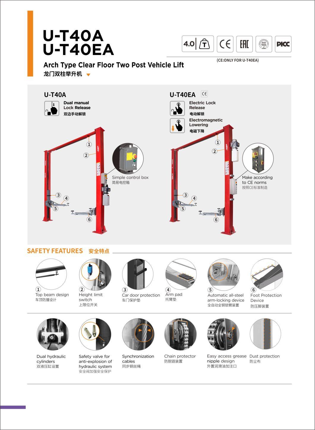 Unite Two Post Lift U-T40ea Arch Type Clear Floor 4t Capacity Two Post Vehicle Lift