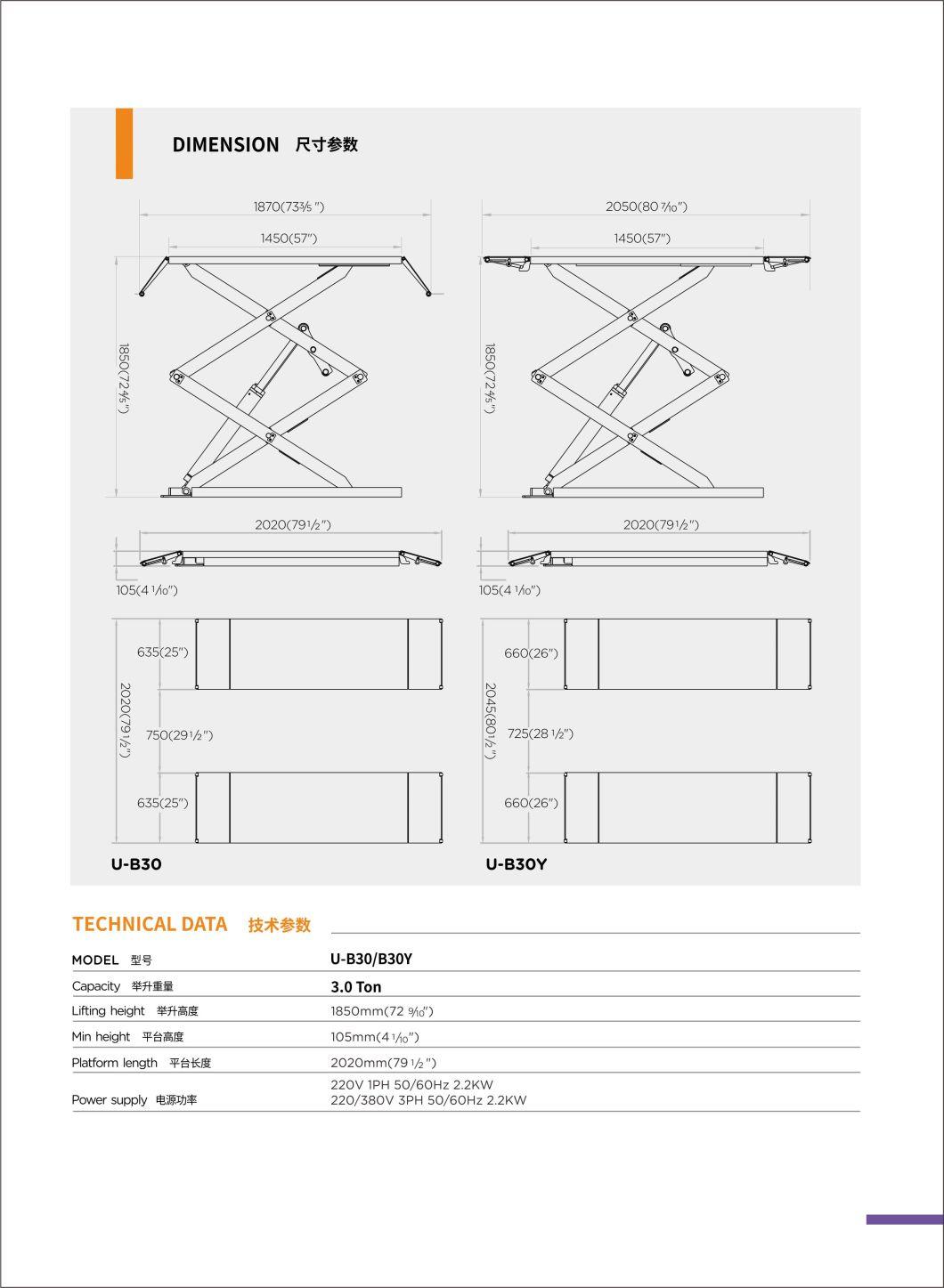 Unite Scissor Lift Table for 3.0 T Capacity U-B30 Ultra-Thin Wheel Free Scissor Lift for Automotive Service Equipment