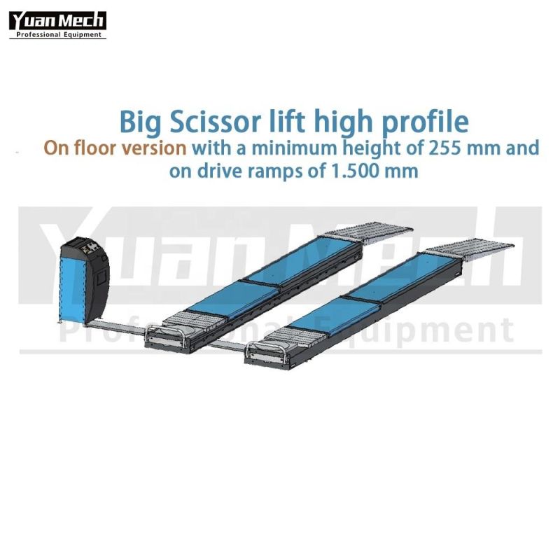 Yuanmech Boh5050wtr on Floor Big Scissor Lift for Wheel-Alignment High Profile with Integrated Lift Table and on Drive Ramps