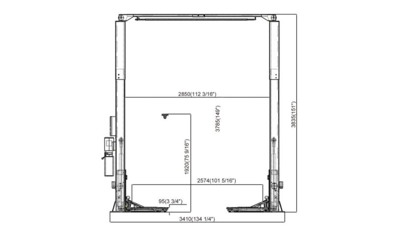 on-7214/4.5 Clearfloor 2 Post Lifts Two Side Manual Release and Dual Chain Drive Cylinders.