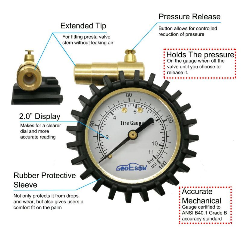 Presta Valve Bicycle Dial Tire Pressure Gauge