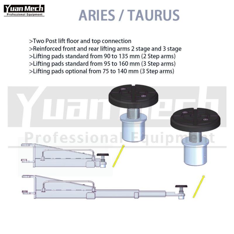 Yuanmech F4033mm Two Post Lift Floor Connection with Three Step on The Short Arms and Three Step on The Long Arm