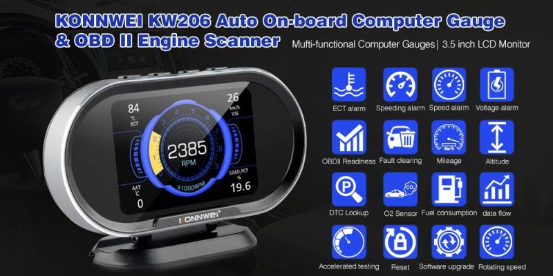 Konnwei Kw206 Car on-Board Computer Car Digital Computer Display OBD2 Scanner Fuel Consumption Water Temperature Gauge Speedometer Hud