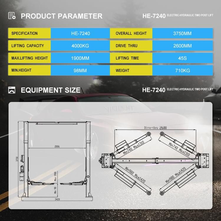 Electric Hydraulic Auto Two Post Car Lift 4000kg Hoist Equipment Vehicles Clear Floor