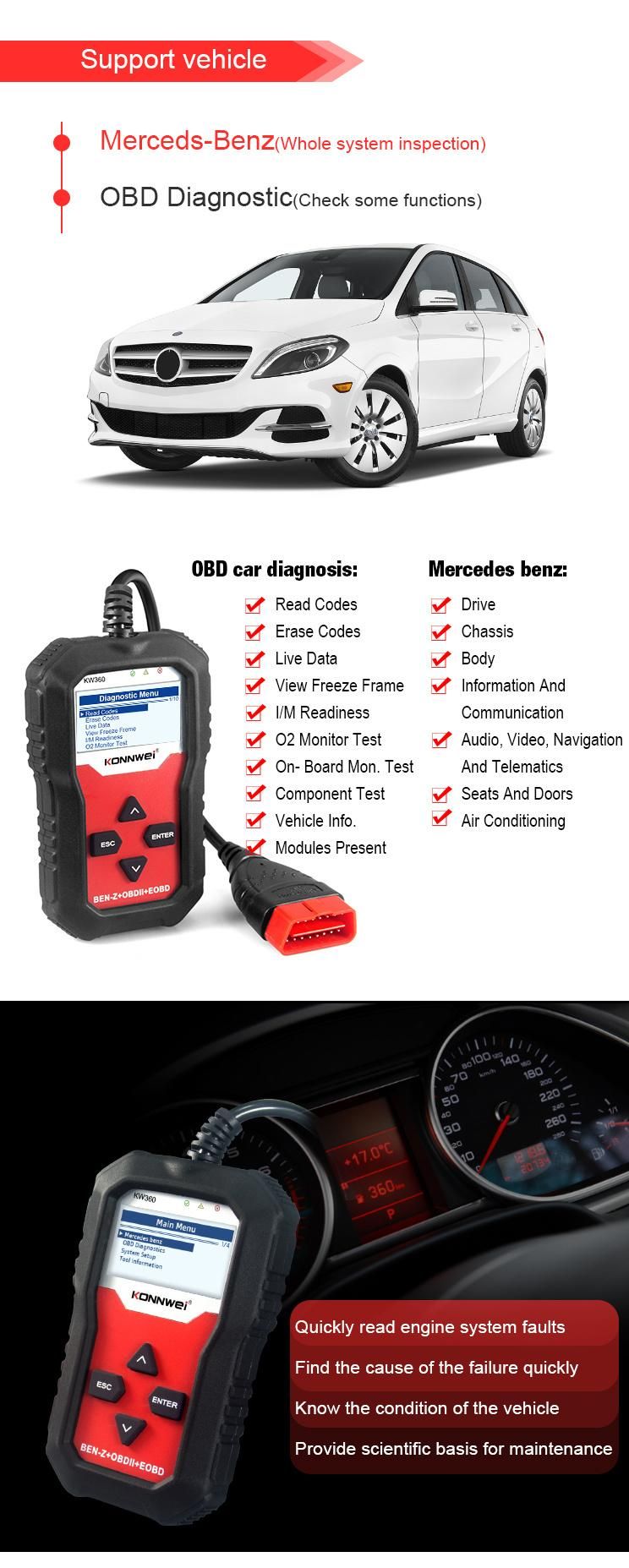 Konnwei Kw360 OBD2 Code Reader Mercedes-Benz Dedicated All System Engine ABS Brake Oil Reset Car Diagnostic Scanner Tool