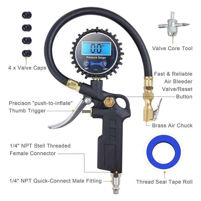 Accurate Portable Digital Car Tire Deflator Gun Digital Tire Pressure Gauge 250 Psi with Backlit LCD Display Tire Inflator Gun