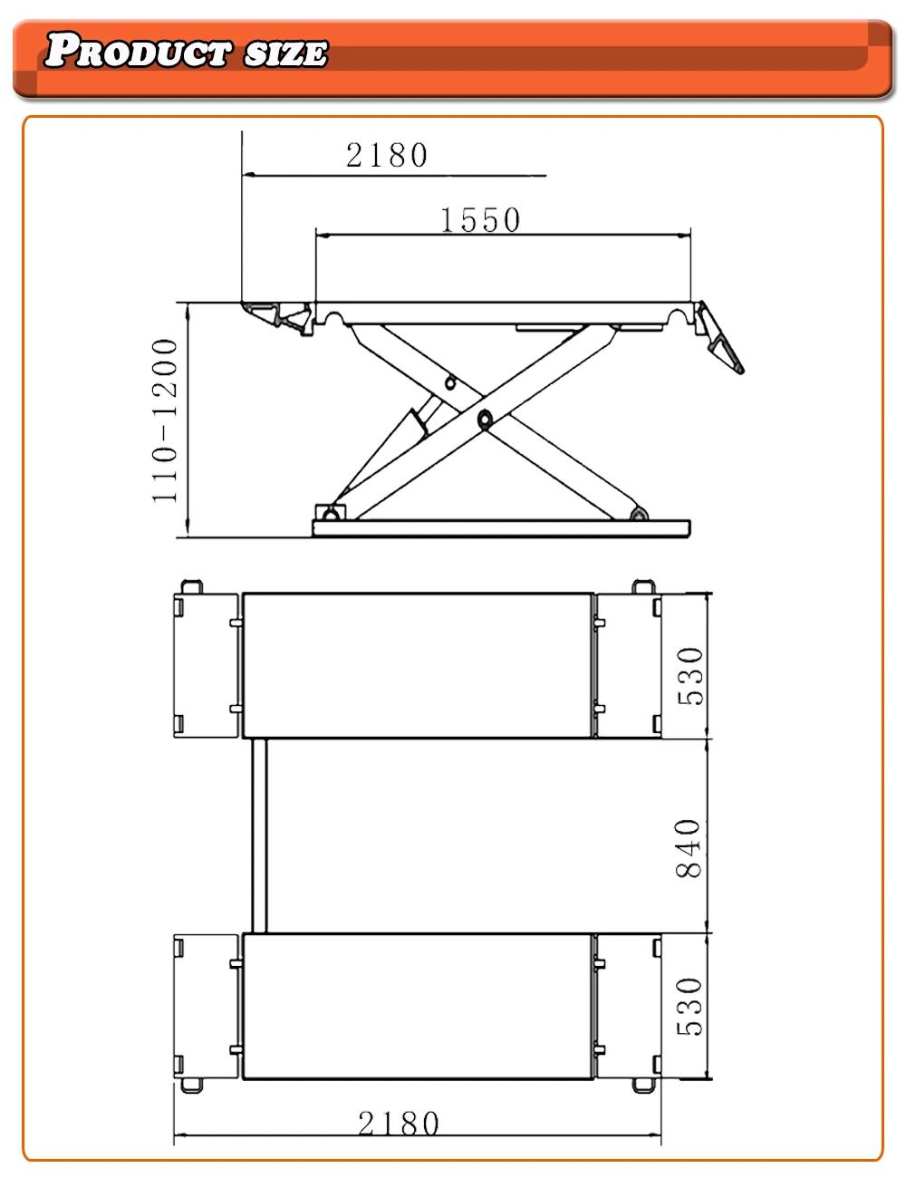 MID Rise Scissor Auto Lifting Vehicle Ramp Car Lift 110-1200mm High Capacity High Stability Pneumatic Unlock