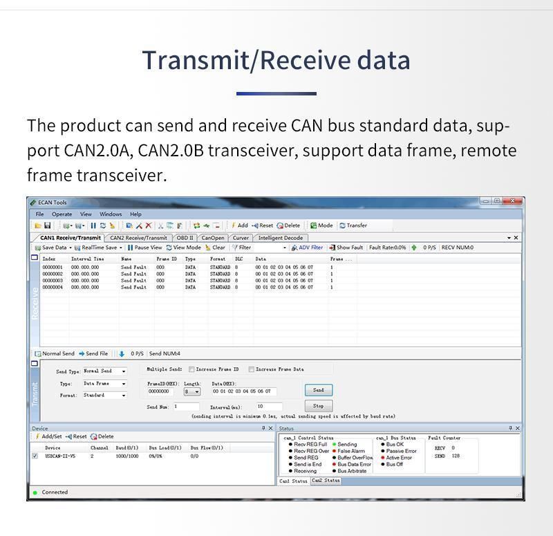 Support Ecantools Test Software to Diagnose Automotive Usbcan-OBD