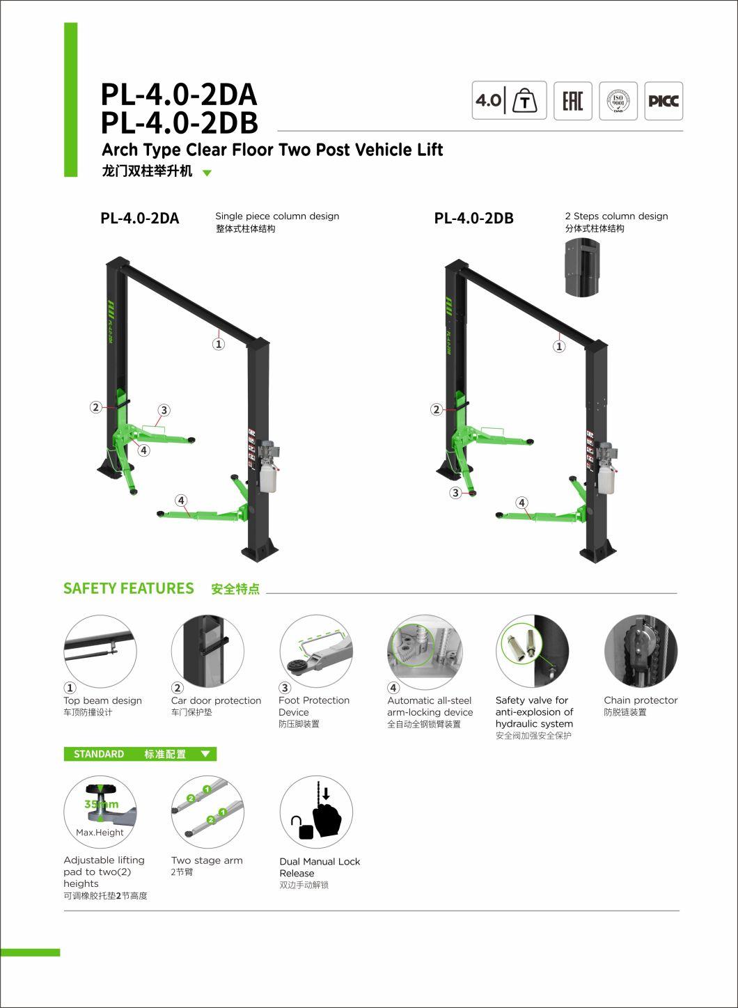 Puli 4t/8840lbs Two Post Car Lift Arch Clear Floor Plate Car Jack Garage Equipment Hydraulic Lift on Sale Pl-4.0-2dB