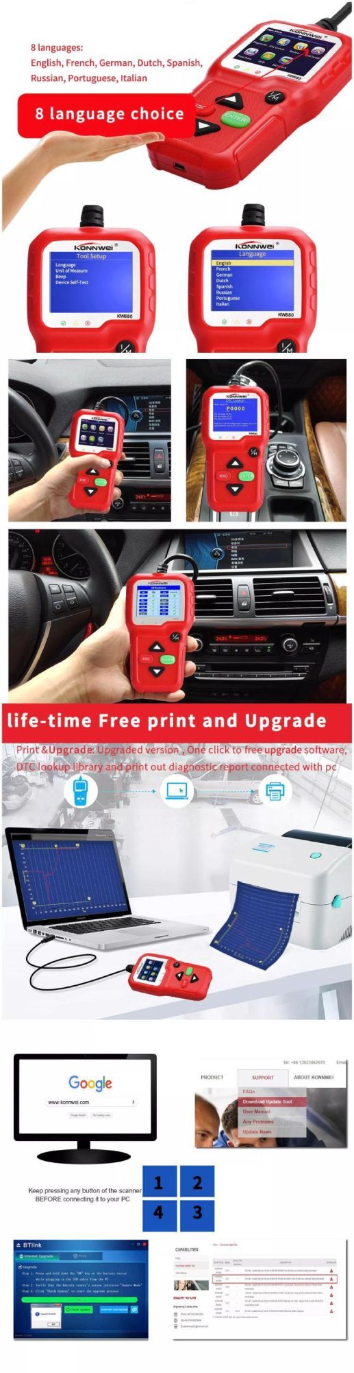 Gw680 Vehicle Scanner Diagnostic Tool OBD2 Code Reader Car Automotive Check Engine Error Analyzer Heavy Truck Cars 8 Languages Diagnostic Tool