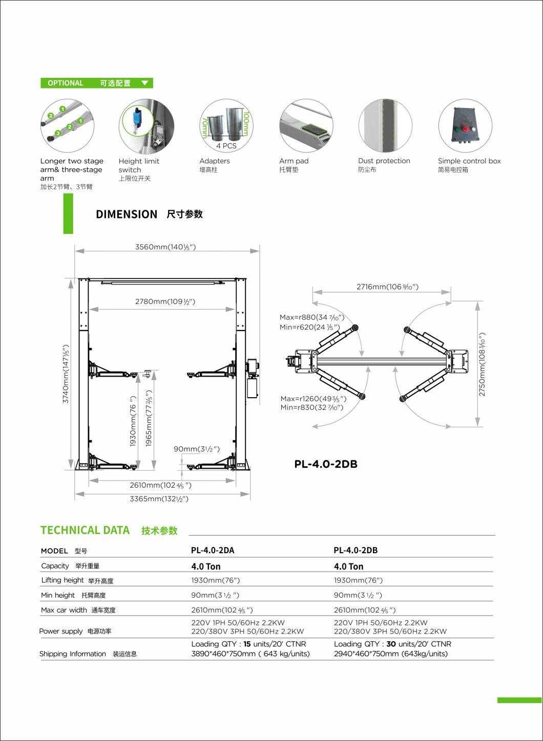 Puli 4t/8840lbs Two Post Car Lift Arch Clear Floor Plate Car Jack Garage Equipment Hydraulic Lift on Sale Pl-4.0-2dB