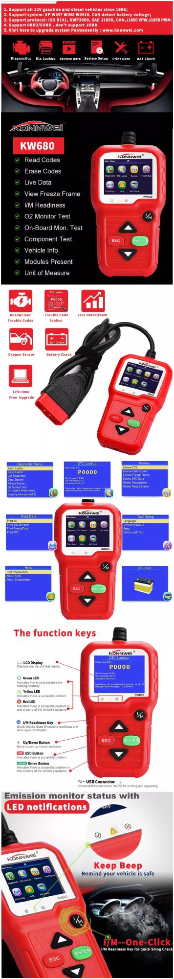 Konnwei OBD2 Scanner Multi Vehicle Car Code Reader Kw680 Auto Diagnostic Tool for All Cars