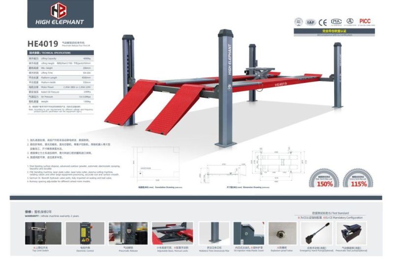 High Quality Hydraulic Garage Car Lift 4 Post Lift for Sale Portable Auto Lift