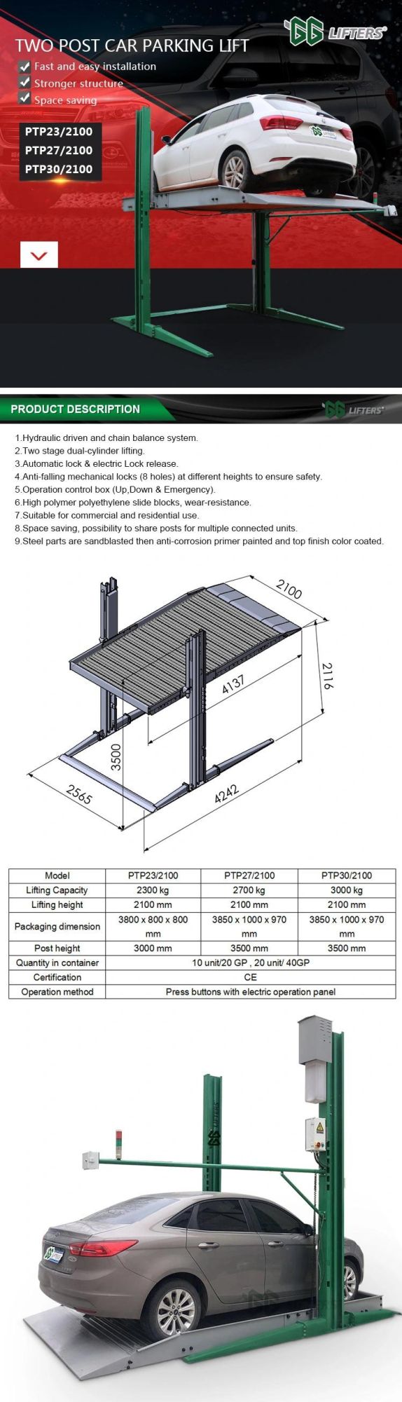 2 Level Garage Equipment Parking Car Lift 2.7 Post Car Lift for Sale