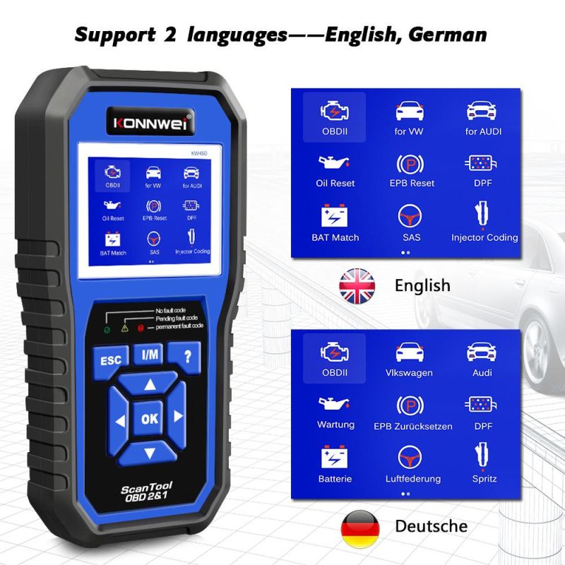 Konnwei Kw450 OBD2 Diagnostic Tool for VAG Cars VW Audi ABS Airbag Oil ABS Epb DPF SRS TPMS Reset Full Systems Scanner VAG COM