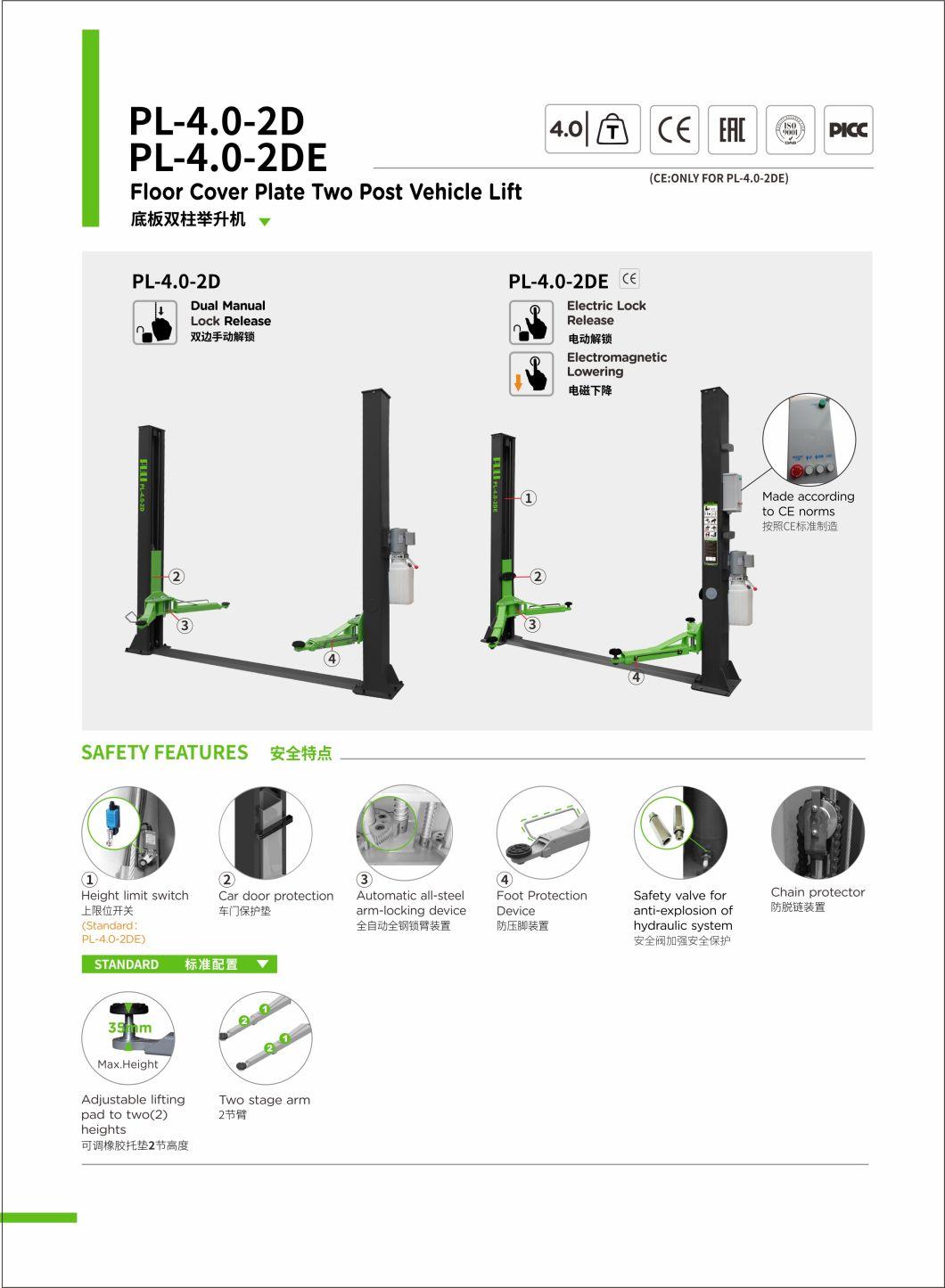 Puli 4t/8840lbs Lifting Equipment Car Lift Elevator Two Post Lift Floor Plate Garage Equipment Hydraulic Lift for Sale Pl-4.0-2D