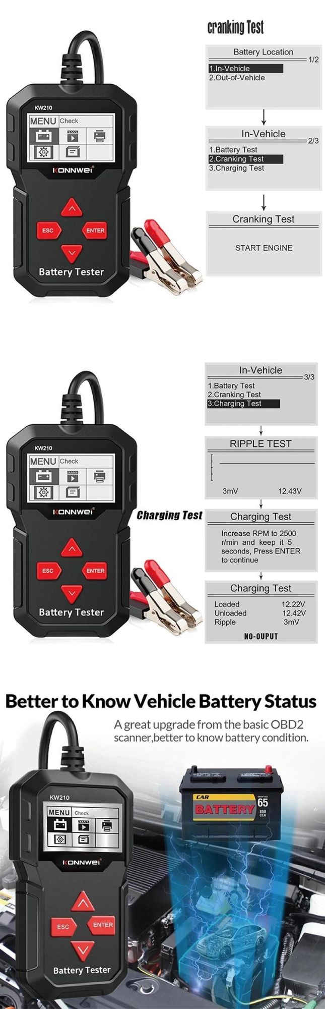 OBD2 Scanner Automobile Battery Detector Code CCA Value Reader Car Diagnostic Tools for All 12V Vehicles Cars Trucks