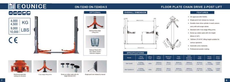 4000kg Single Side Base Plate Two Post Hydraulic Car Lift Hoist for Automobile Vehicles