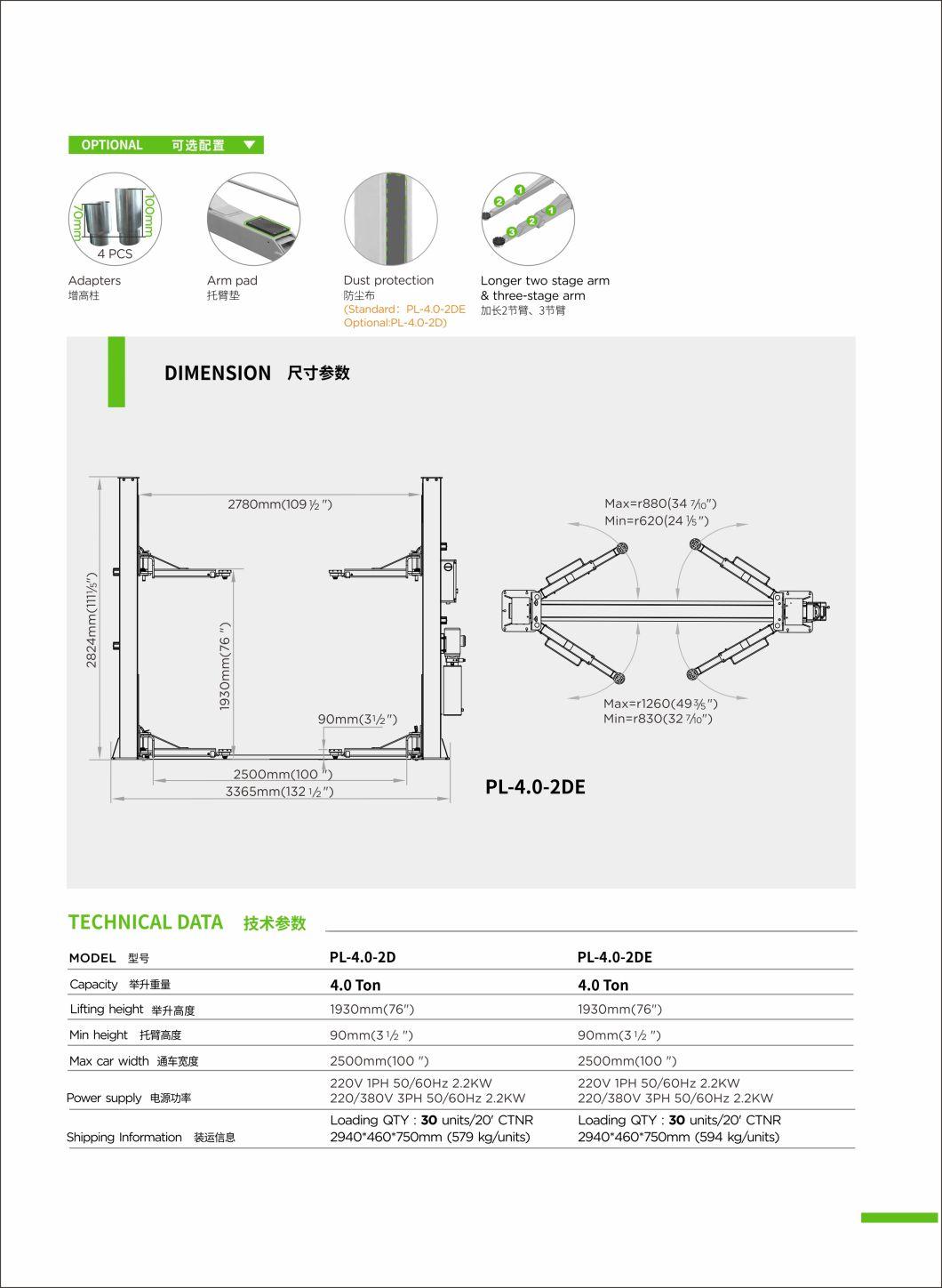 Puli Hot Sale Two Post Lift Vehicle Equipment Two Post Hydraulic Car Lift for Sale Pl-4.0-2D