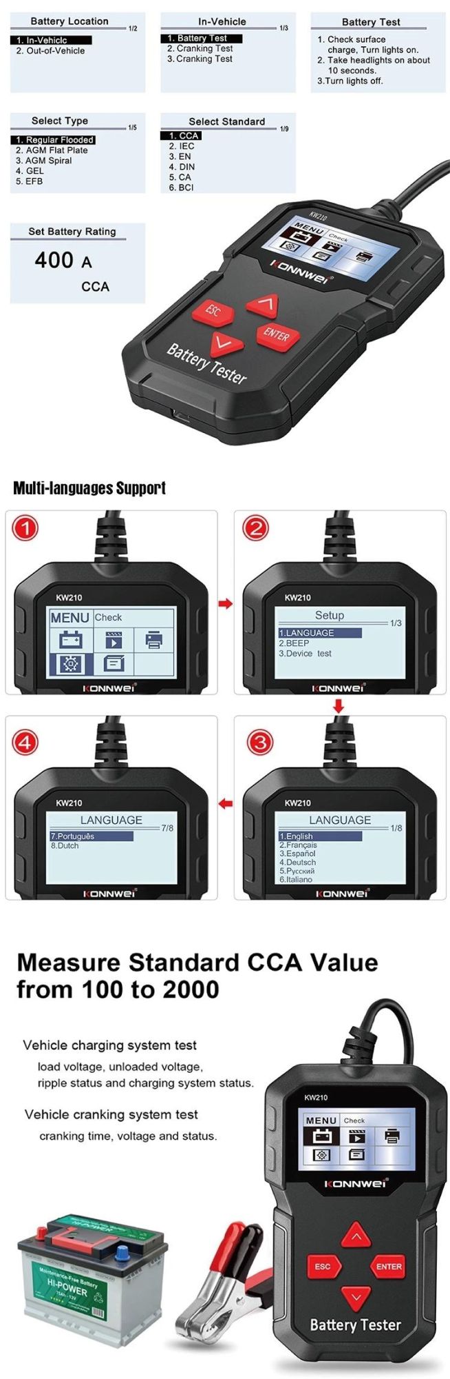 2.4 Inch B&W Screen Konnwei Auto Diagnostic Digital Battery Analyzer with Printer