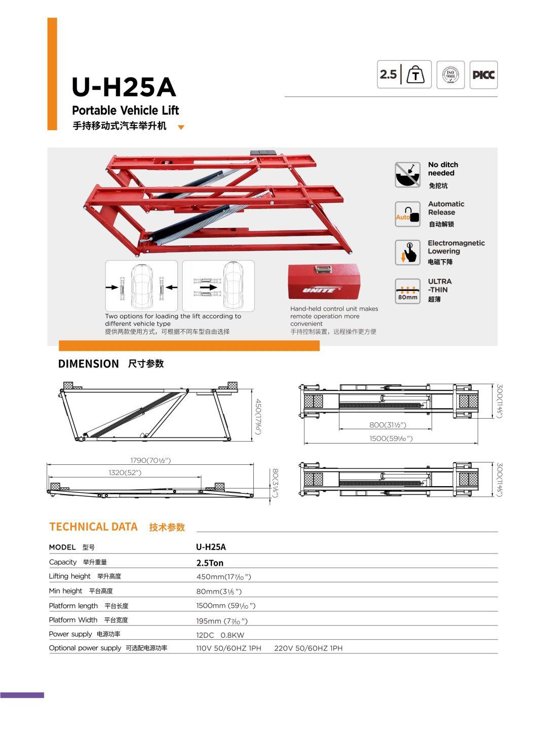 Car Scissor Lift 2.5 T Capacity U-H25A Small Parallel Platform Scissor Lift Portable Vehicle Lift for Automotive Service