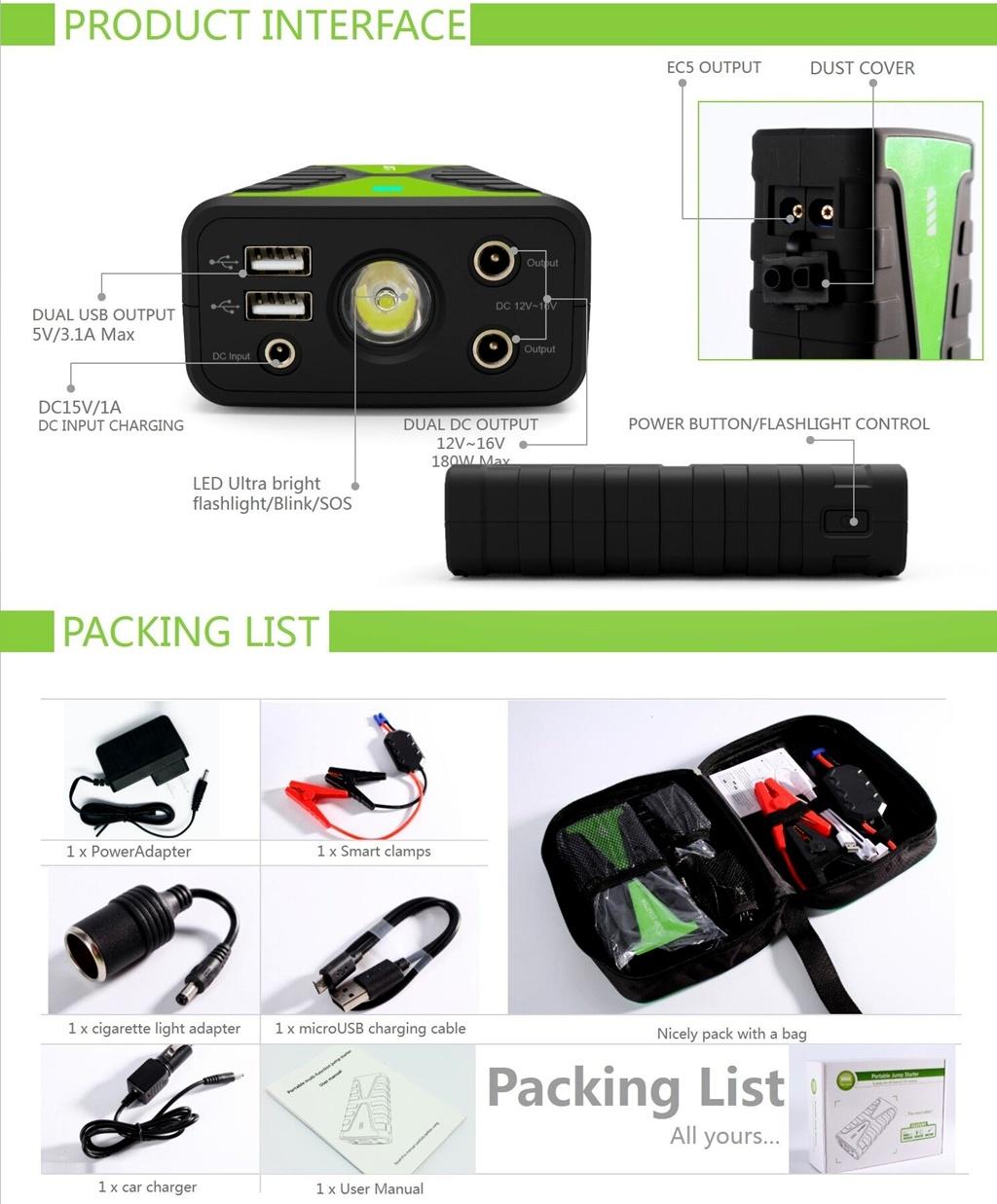 800A Peak Current Portable Jump Starter Power Booster 16800mAh