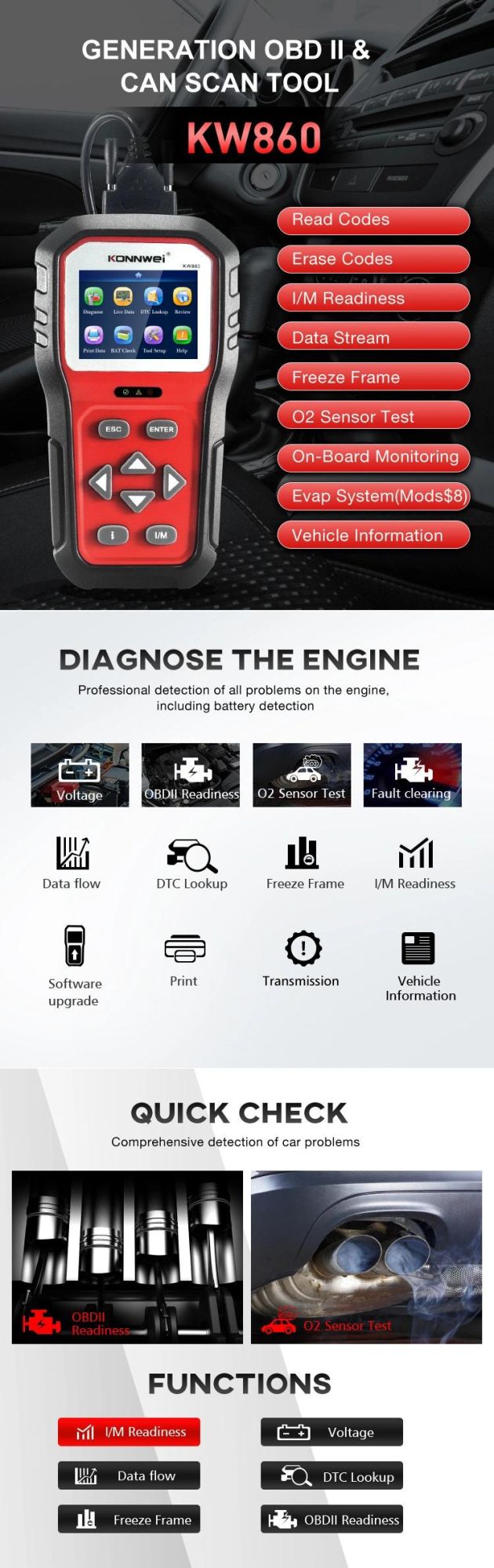 Konnwei Kw860 OBD2 Scanner OBD2 Car Diagnostic Auto Diagnostic Scan Tool Read & Clear Fault Error Codes OBD2 Automotive Scanner