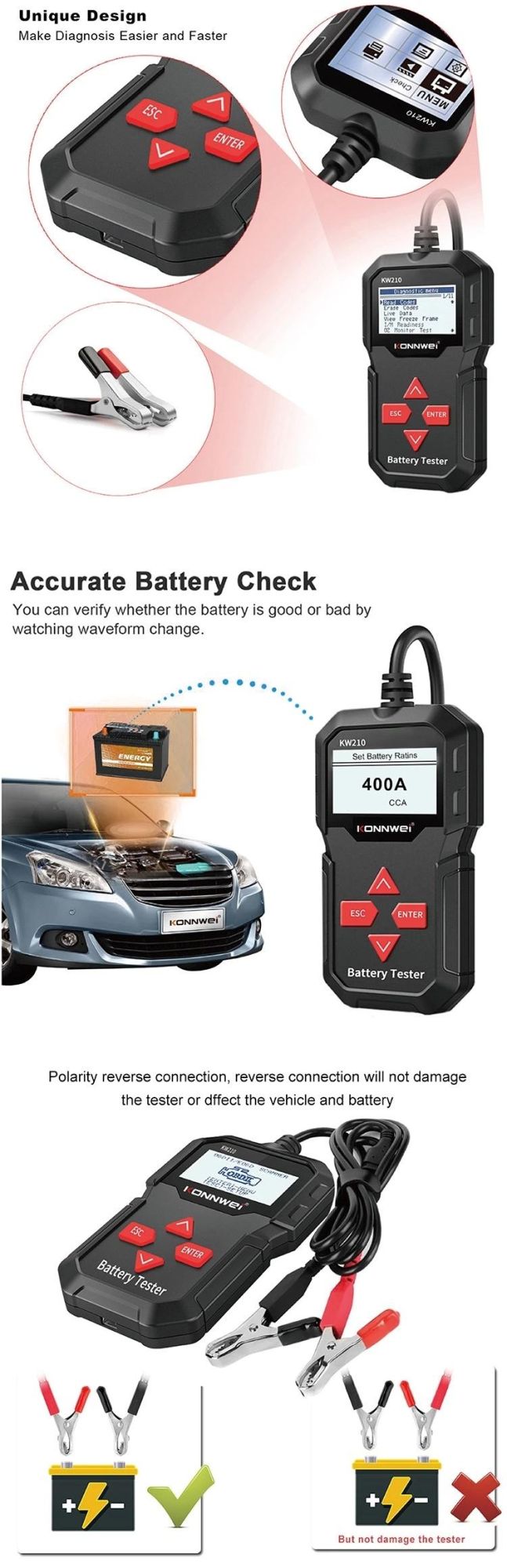 2.4 Inch B&W Screen Konnwei Auto Diagnostic Digital Battery Analyzer with Printer