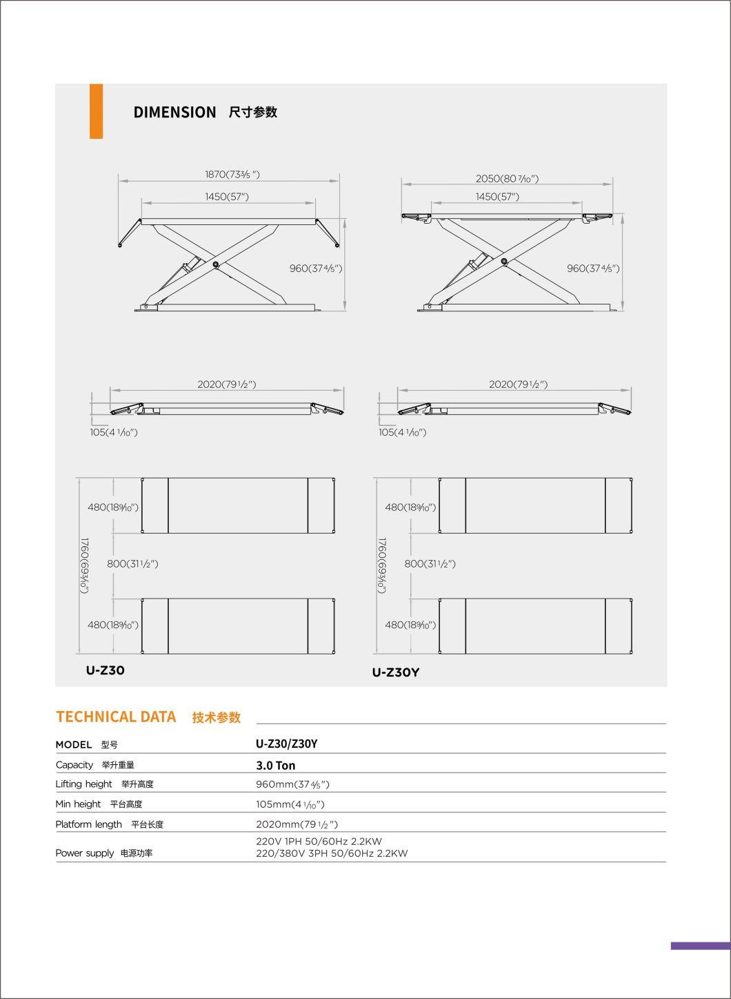 Unite 3.0 T Capacity U-Z30 MID-Rise Scissor Lift Table Hydraulic Full Rise Scissor Lift Platform for Automotive Service Equipment