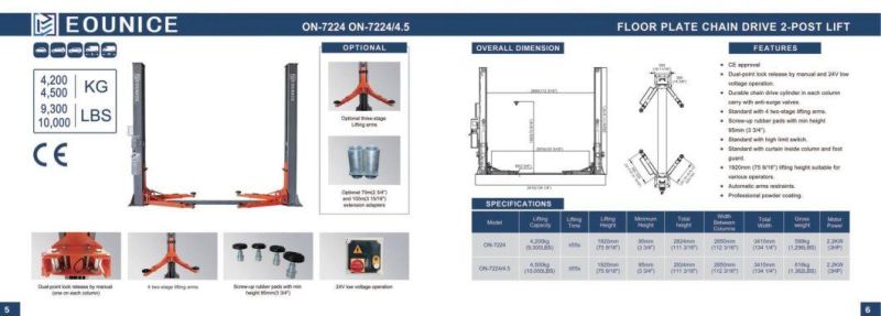 on-7224 Base Plate Two Post Car Lift with CE Two Post Car Lift/Auto Car Hoist 2 Post Car Lift/Oto Lift/Vehicle Lifter 4 Tons /Automotive Lift